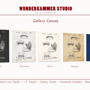 May include: Five different canvas prints of a vintage patent drawing for a toilet seat. The prints are labeled "Chalkboard", "Parchment", "Warm", "Antique", and "Blueprint".