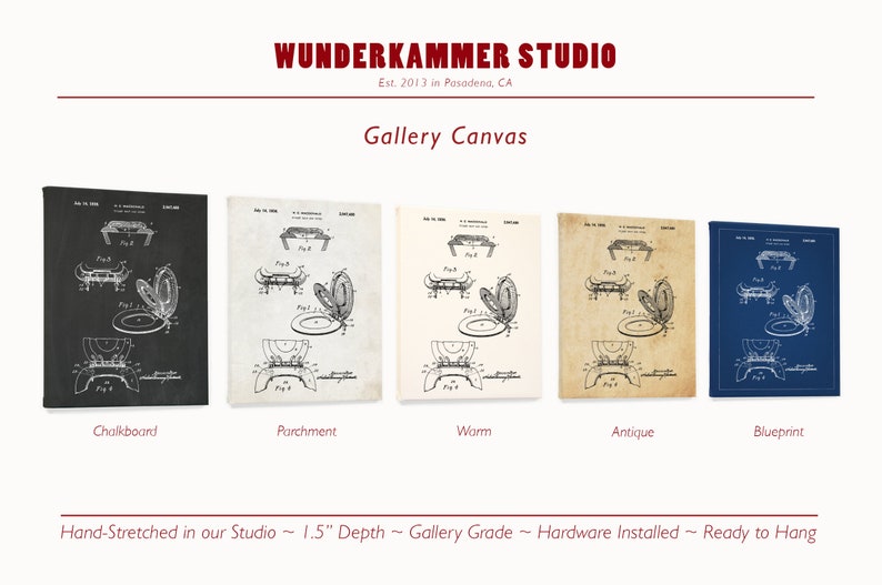 May include: Five different canvas prints of a vintage patent drawing for a toilet seat. The prints are labeled "Chalkboard", "Parchment", "Warm", "Antique", and "Blueprint".