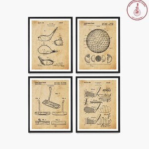 May include: Set of four vintage golf patent prints. Each print features a different golf club or ball design. The prints are in black and white and have a vintage, aged look.