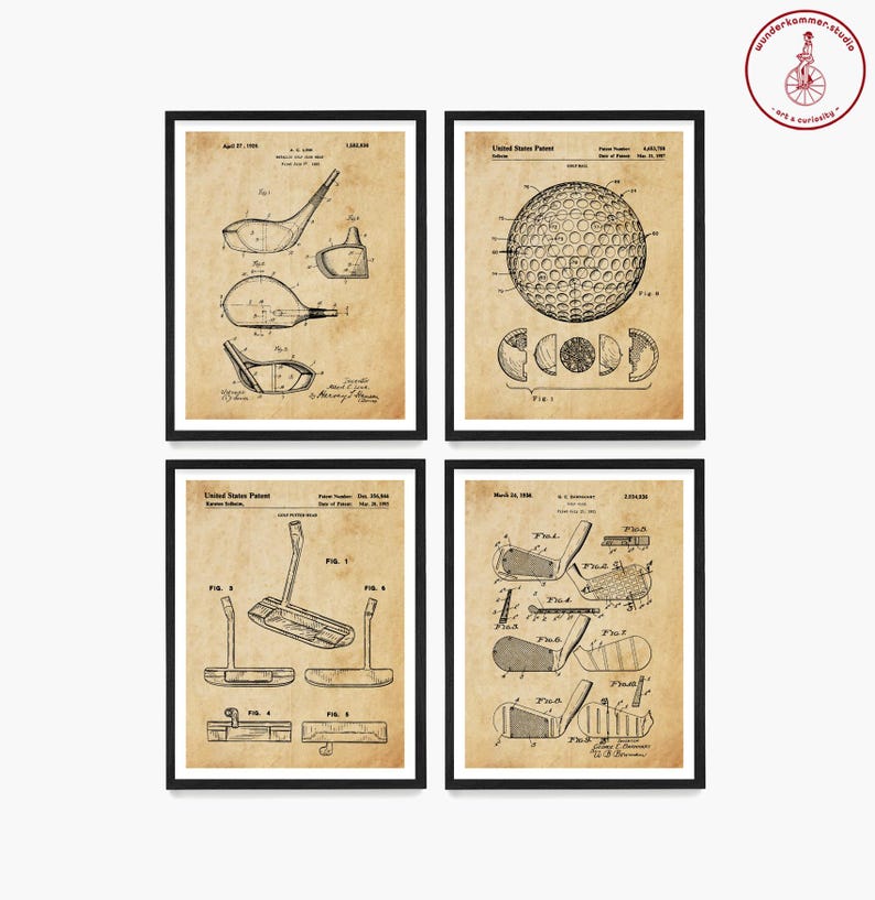 May include: Set of four vintage golf patent prints. Each print features a different golf club or ball design. The prints are in black and white and have a vintage, aged look.