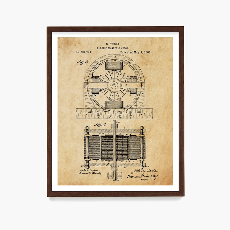 May include: Black and white vintage patent drawing of Nikola Tesla's electro magnetic motor. The patent number is 382,279 and the date is May 1, 1888. The drawing shows a detailed diagram of the motor with labels and text.