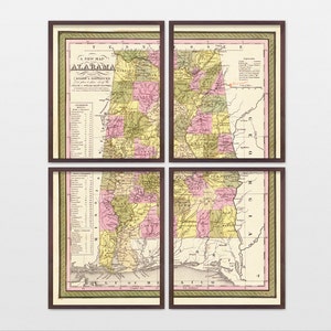 Kaart van Alabama, antieke kaart, kunst van Alabama, poster van Alabama, kunst aan de muur van Alabama, staatskaart, staatskunst, staat thuis, cadeau huis, cadeau housewarming