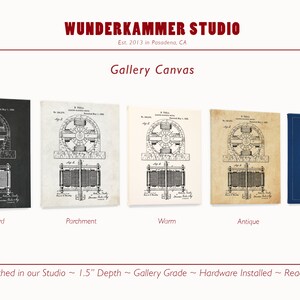 May include: Five different color variations of a vintage patent drawing for an electric motor on a gallery canvas. The canvas is 1.5 inches deep and comes ready to hang with hardware installed. The colors are chalkboard, parchment, warm, antique, and blueprint.