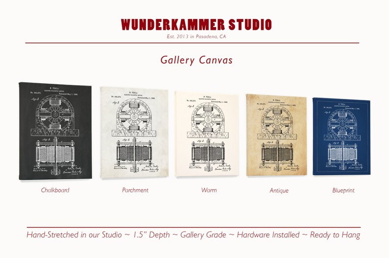 May include: Five different color variations of a vintage patent drawing for an electric motor on a gallery canvas. The canvas is 1.5 inches deep and comes ready to hang with hardware installed. The colors are chalkboard, parchment, warm, antique, and blueprint.