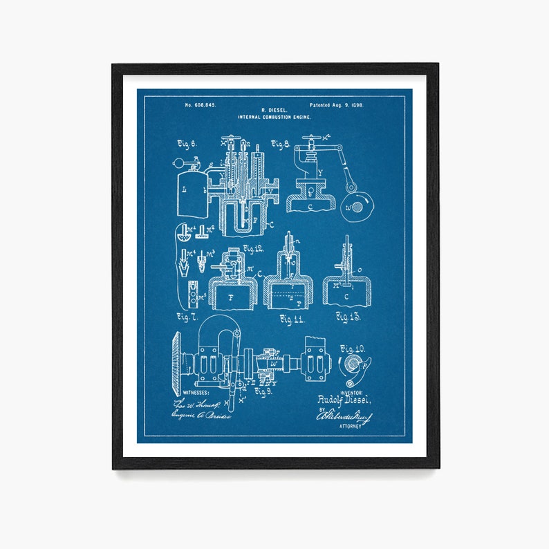 Diesel Engine Patent Poster, Rudolf Diesel, Diesel Mechanic Gift Ideo, Engine Diagram, Engine Poster, Truck Decor Blueprint