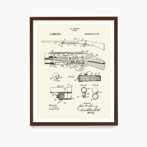 Puede incluir: Un dibujo en blanco y negro de una patente de escopeta, que muestra el funcionamiento interno del arma. El n&uacute;mero de patente es 1.143.170 y la fecha es el 15 de junio de 1905. El inventor es John M. Browning.