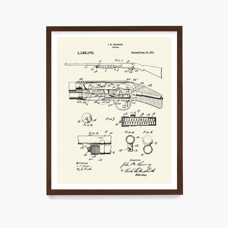 Puede incluir: Un dibujo en blanco y negro de una patente de escopeta, que muestra el funcionamiento interno del arma. El n&uacute;mero de patente es 1.143.170 y la fecha es el 15 de junio de 1905. El inventor es John M. Browning.