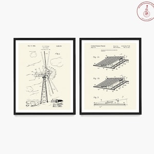 May include: Two black framed prints of vintage patent drawings. The left print shows a black and white illustration of a wind turbine. The right print shows a black and white illustration of a solar panel.