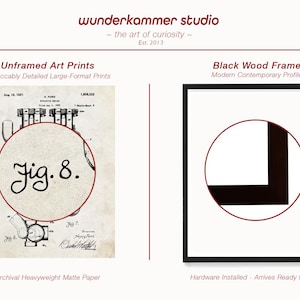 May include: A product display featuring an unframed art print on archival matte paper with a vintage patent illustration labelled Fig. 8, alongside a black wood frame with a modern profile, presented by wunderkammer studio, the art of curiosity.