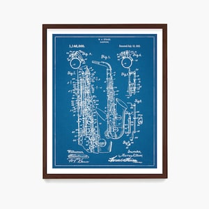 May include: A blue and white blueprint of a saxophone patent, with the title "1,146,368" and the date "July 13, 1915". The patent is for a saxophone designed by M. A. Stover.