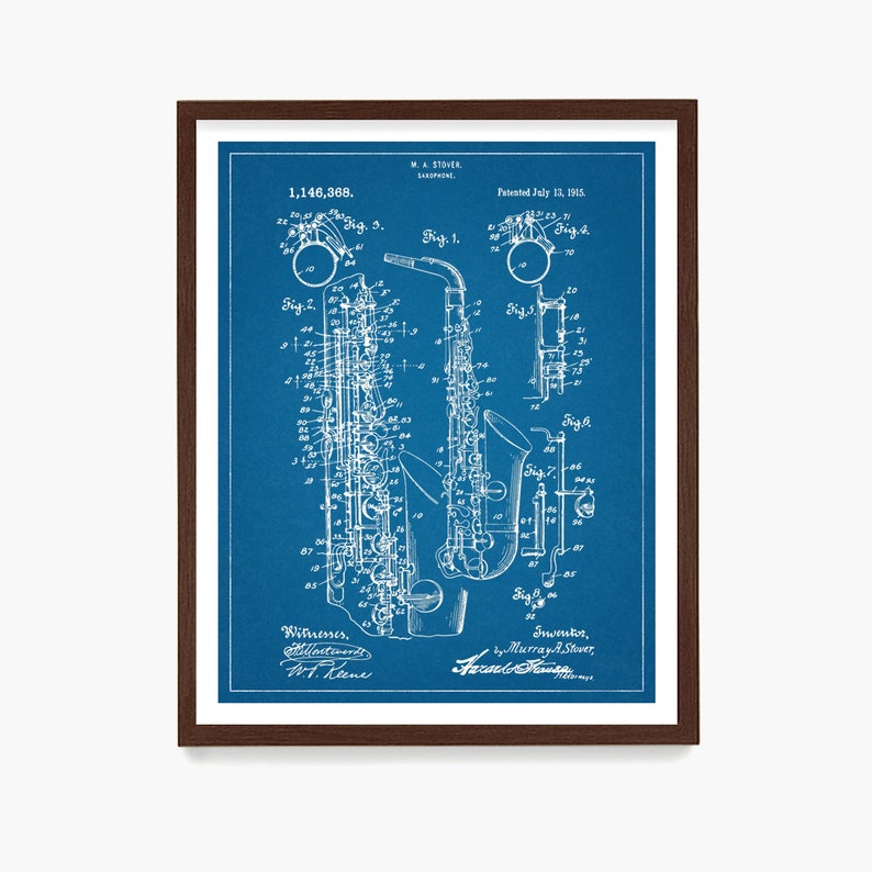 May include: A blue and white blueprint of a saxophone patent, with the title "1,146,368" and the date "July 13, 1915". The patent is for a saxophone designed by M. A. Stover.
