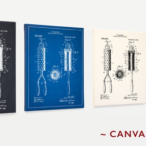 May include: Four rectangular canvas prints displaying a technical patent illustration of a hair curling iron. The prints feature white line drawings on black, blue, cream, and aged parchment backgrounds, each labelled with Fig 1, Fig 2, and Fig 3.