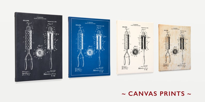 May include: Four rectangular canvas prints displaying a technical patent illustration of a hair curling iron. The prints feature white line drawings on black, blue, cream, and aged parchment backgrounds, each labelled with Fig 1, Fig 2, and Fig 3.
