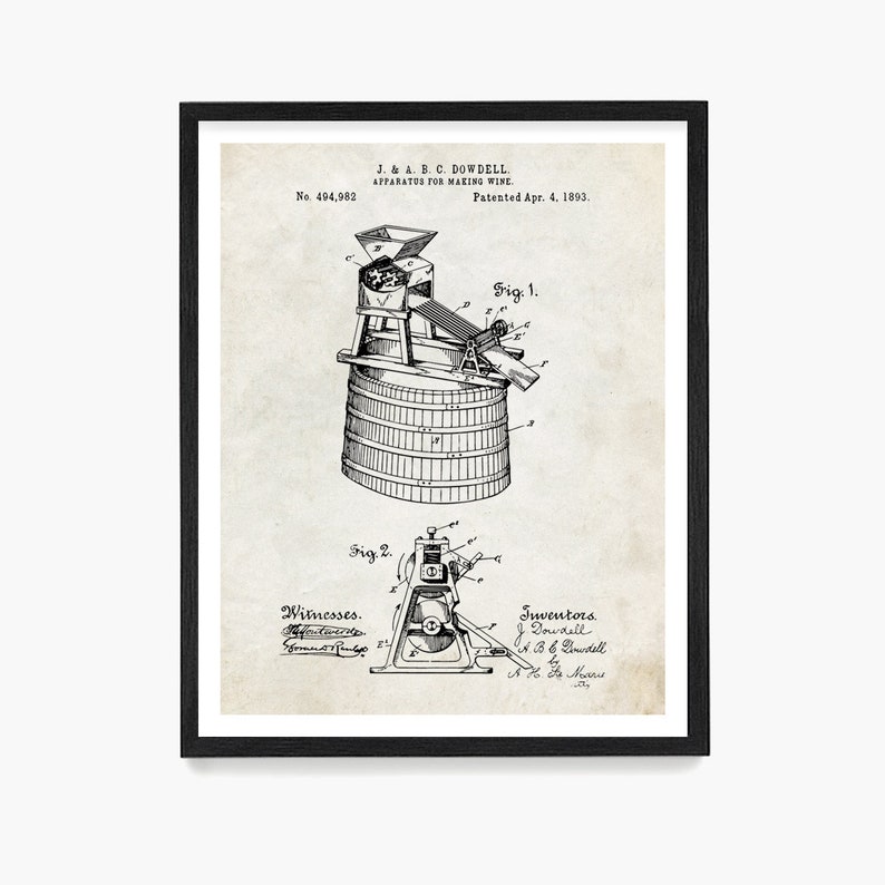 May include: Black and white vintage patent drawing of a wine press apparatus. The drawing shows a side view of the press with a barrel and a lever. The patent number is 494,982 and the date is April 4, 1893.