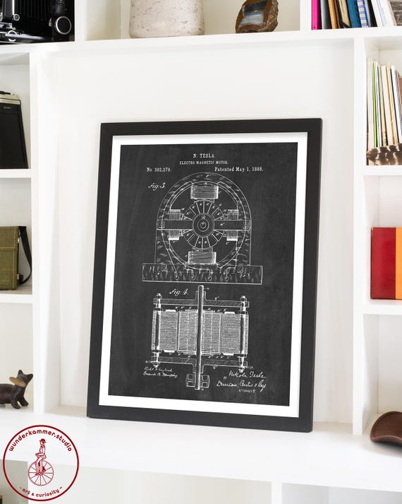 Nikola Tesla Electric Engine Patent Print, Tesla Poster Wall Art, Automobile Art, Tesla Motor, Electrician Gift, Engineer