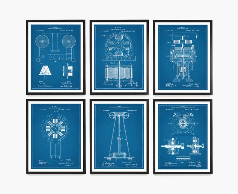 Op de afbeelding: Set van zes blauwe blauwdrukken van Nikola Tesla's patenten voor elektrische uitvindingen. De prints bevatten tekeningen van elektromotoren, generatoren en andere uitvindingen. Elke print bevat het patentnummer, de datum en Tesla's handtekening.