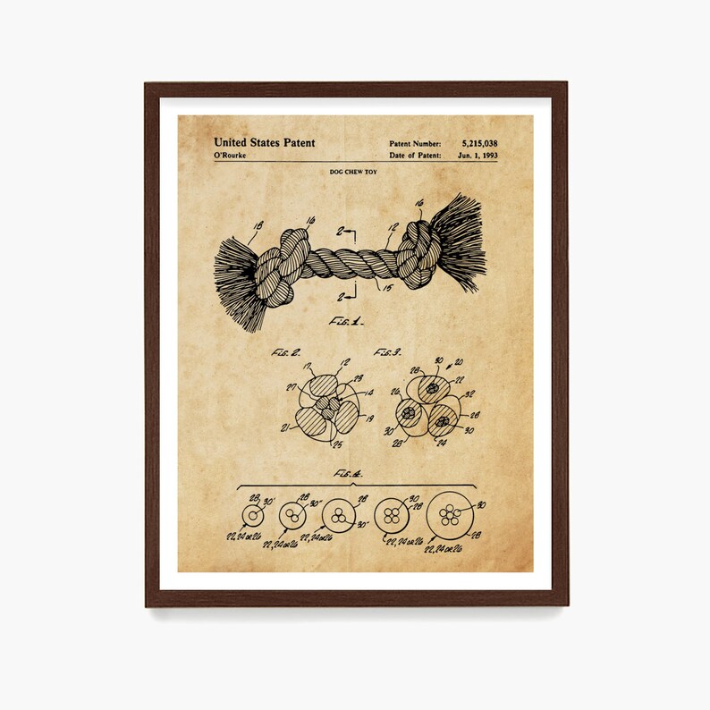 May include: A black and white illustration of a dog chew toy patent. The patent number is 5,215,038 and the date of patent is June 1, 1993. The illustration shows a rope toy with a knot in the middle.