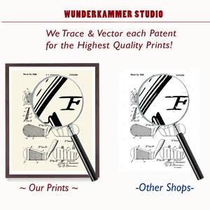 May include: Two framed images of a patent drawing for a golf club. The image on the left shows a magnified portion of the drawing with crisp, clear lines. The image on the right shows a blurry, pixelated version of the same drawing. The text below the images reads "Our Prints" and "Other Shops".