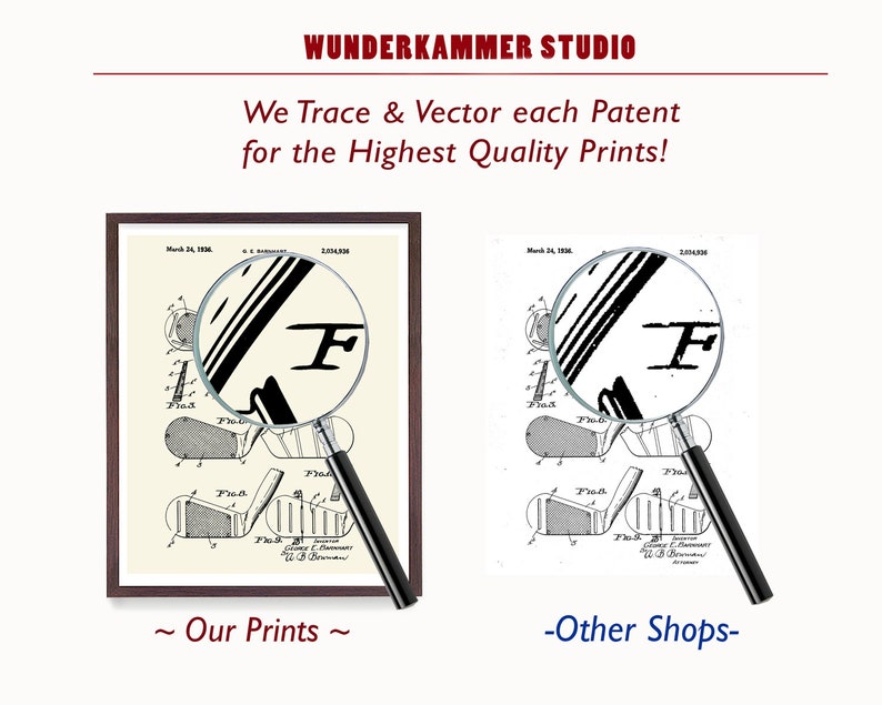 May include: Two framed images of a patent drawing for a golf club. The image on the left shows a magnified portion of the drawing with crisp, clear lines. The image on the right shows a blurry, pixelated version of the same drawing. The text below the images reads "Our Prints" and "Other Shops".