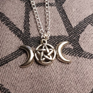 Silver Triple Goddess Pentacle Necklace on Chain or Cotton Cord