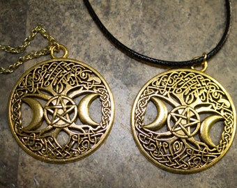 Gold Pagan Tree of Life, Pentacle, and Tripple Goddess Necklace on chain or cotton cord