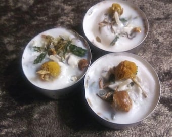May include: Three white votive candles with dried flowers and herbs embedded in the wax. The candles are in a clear glass container.