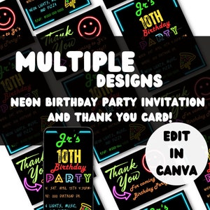 Neon Birthday Invitation Editable and Digital