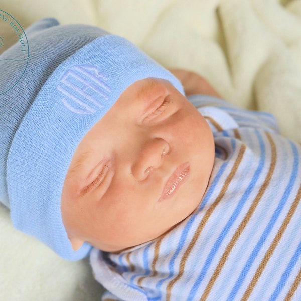 Newborn Hospital Hat, Monogrammed Newborn Hat, Personalized Newborn Hat, Boys Hospital Hat, Blue Hospital Hat, Baby Shower Gift, Embroidery