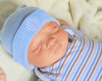 Newborn Hospital Hat, Monogrammed Newborn Hat, Personalized Newborn Hat, Boys Hospital Hat, Blue Hospital Hat, Baby Shower Gift, Embroidery