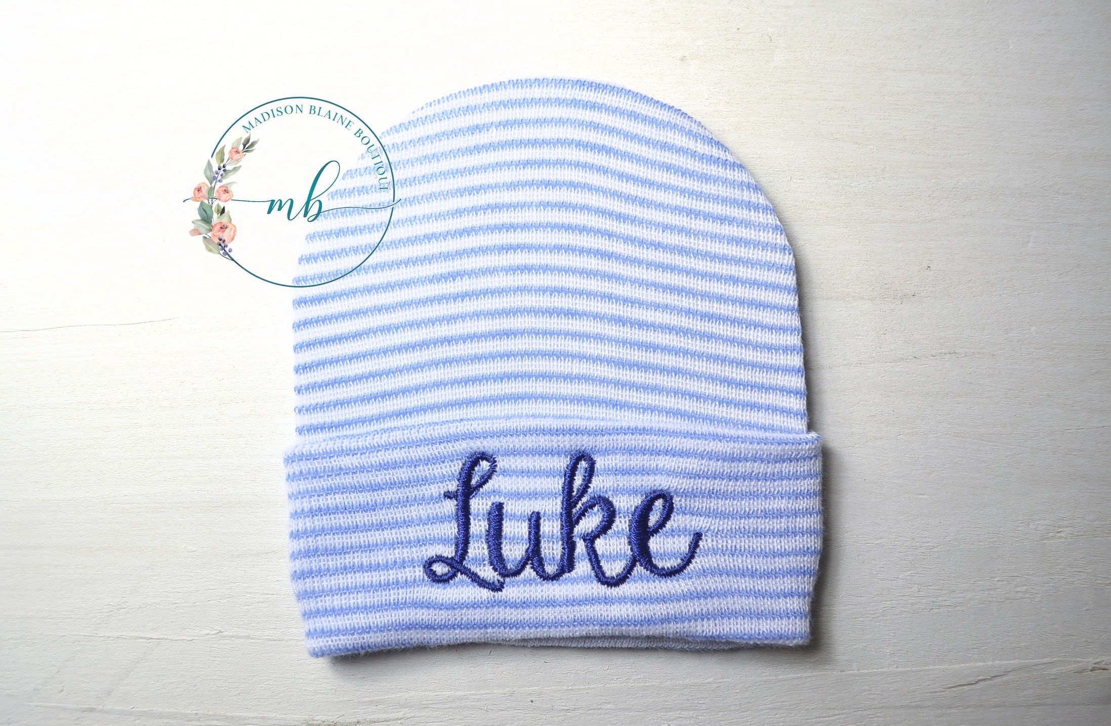 Personalized Newborn Boy Hat: Blue Striped Hospital Beanie - Etsy