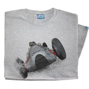 May include: A grey t-shirt featuring a vintage car graphic. The car is silver and red with the text "Retro Classic" printed on the shirt.