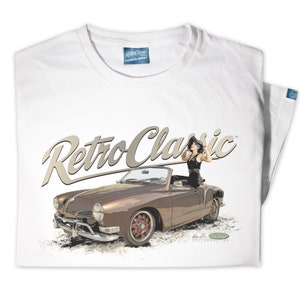 May include: White t-shirt with a brown convertible car and a woman in a black dress and hat. The text "Retro Classic" is written in a stylized font above the car. The text "Collaboration" is written below the car.