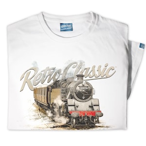 May include: White t-shirt with a vintage-style illustration of a steam locomotive train with the text "Retro Classic" above it.