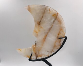Golden Healer Quartz Carved Moon on Custom Metal Stand - A Master Healing Stone