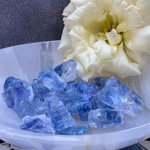 Puede incluir: Un cuenco decorativo blanco y azul lleno de trozos de cristal azul. Una gran flor blanca cremosa con pétalos arrugados se encuentra detrás del cuenco. El cuenco tiene un aspecto veteado.