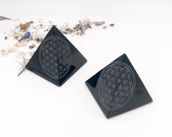 Black Obsidian Pyramid Carving with Flower of Life - The Stone for Protection and Grounding