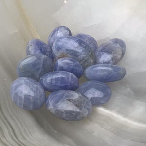 May include: A collection of smooth, polished blue chalcedony tumbled stones. The stones are various shades of blue and have a slightly cloudy appearance.