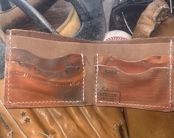 Repurposed Baseball Glove Leather Wallet, Handcrafted from old baseball mitts and soft cow hide. 4 pockets plus cash sleeve.