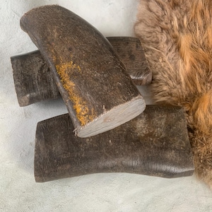 Könnte beinhalten: Drei dunkelbraune, gebogene Holzstücke mit strukturierter Oberfläche und sichtbarer Holzmaserung. Ein Stück hat einen gelblichen Fleck. Die Objekte sind auf einer hellen Oberfläche angeordnet, mit einem Teil eines braunen Pelzteppichs sichtbar.