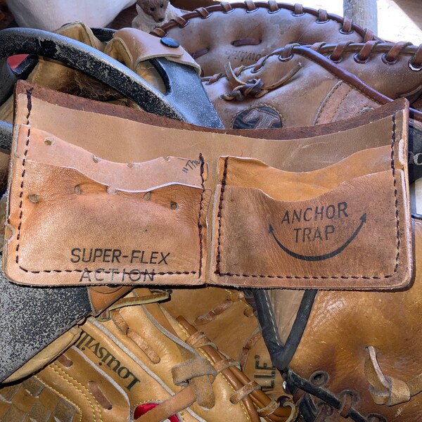 Repurposed Baseball Glove Leather Wallet, Handcrafted from old baseball mitts and soft cow hide. 4 pockets plus cash sleeve.