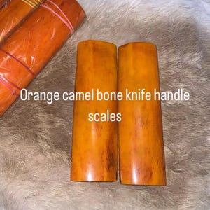 May include: Two orange camel bone knife handle scales are displayed. The scales are rectangular with rounded edges and a polished finish. The text "Orange camel bone knife handle scales" is visible in the image.
