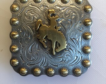 Bucking bronc two tone, nickel and brass western style metal concho. Screw back large size.