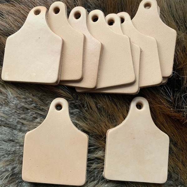 Cow tag 8 ounce veg tan tooling leather. Size as shown in photos. Packages of 10 blanks.