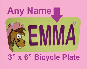 HORSE, COWGIRL - Custom Name - Bicycle license plate , 3" x 6" Bike Tag, Golf cart, walker, go cart, scooter, BIG