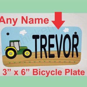 TRACTOR, GRANJA, - Nombre personalizado - Matrícula de bicicleta, 3 "x 6" Bike Tag, carrito de golf, andador, go cart, scooter, ls