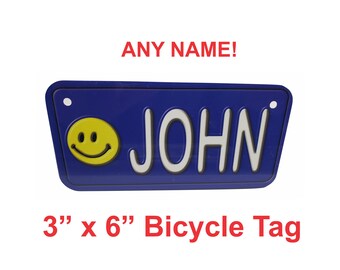 Happy Face  - Custom Name - Bicycle license plate , Bike Tag, Golf cart, walker, go cart, scooter