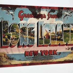 Groeten van LONG ISLAND, vintage kijken, muur decor, mancave garage borden, reclame