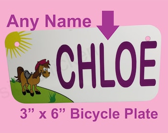 HORSE, COWGIRL - Custom Name - Bicycle license plate , 3" x 6" Bike Tag, Golf cart, walker, go cart, scooter, SMALL