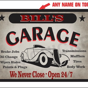custom  Garage sign, Any Name on Top, Mancave, gearhead, grease monkey, mechanic, auto signage