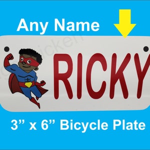 SUPER HERO, BOY - Nombre personalizado - Matrícula de bicicleta, 3 "x 6" Bike Tag, carrito de golf, andador, carrito de go, scooter